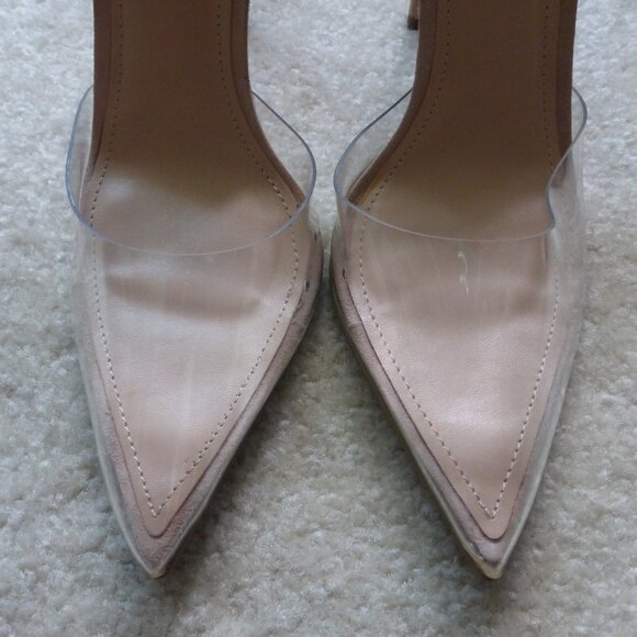 STEVE MADDEN clear vinyl & nude faux suede pointy toe heels with long ties - Picture 3 of 10